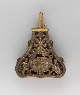Powder Flask, 1590 with later addtions, Italian, Italy, Wood, red velvet, brass, and enamel, H. 25