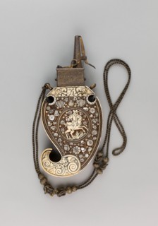 Powder Flask, c. 1620/30, German, Saxony, Germany, Walnut, mother-of-pearl, and iron, with gilding,