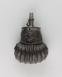 Powder Flask, 1570/80, Italian, Italy, Steel, iron, silver, wood, and leather, H. 17.8 cm (7 in.)