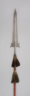 Partisan, early 17th century, Italian, perhaps Netherlandish, Italy, Steel, wood, cloth, brass, and