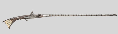 Snaphance Gun, 19th century, North African, Moroccan, Morocco, Wood, steel, silver, enamel, and