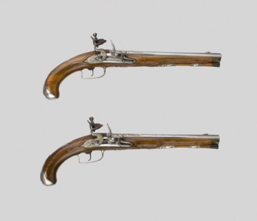 Pair of Flintlock Pistols, c. 1720/30, French, France, Walnut, steel, and silver, Overall L.: 41.3