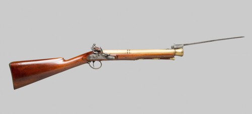 Flintlock Blunderbuss with Spring-Bayonet, 1820, English, England, Brass, steel, walnut, and oak, L