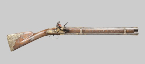 Double-Barreled Flintlock Blunderbuss, 1800, Russian, Russia, Walnut, iron, gold, and silver, L. 72