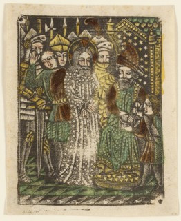 Christ before Pilate, 1460–65, Bavarian, 15th century, Germany, Metalcut in black hand colored with