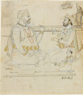 Two Rajput Noblemen with a Child, late 18th century, India, Rajasthan, Jaipur, India, Ink, color