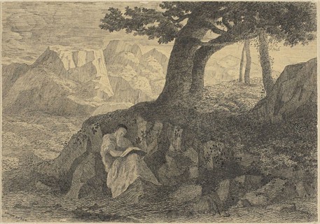 Hermit in Landscape, c. 1866, Odilon Redon, French, 1840-1916, France, Pen and black ink on tan