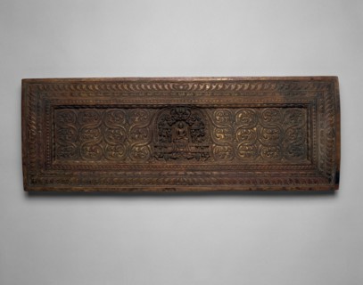 Manuscript Cover with Enshrined Sakyamuni Buddha with Hand in Earth Touching (Bhumisparsha) Mudra,
