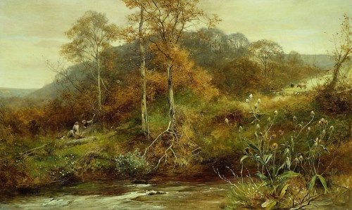 Autumn River Scene, The Brook, 1889, David Bates, English, 1840-1921, England, Oil on canvas, 30