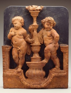 Two Putti Supporting a Torch, 1650/1700, Flemish, Netherlandish, Terracotta on slate, 35.2 × 27.9 ×