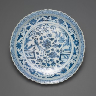 Shallow Dish with Long-Tailed Birds in a Garden of Stylized Peonies and Fronds, Encircled by a