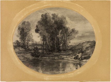 Figures by a Pond, 1855/60, Henri Joseph Constant Dutilleux, French, 1807-1865, France, Charcoal,