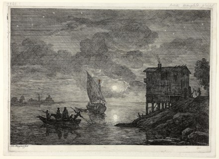 Moonlit Harbor Scene with Ferry, 1753/54, Adrien Manglard, French, 1695-1760, France, Etching with