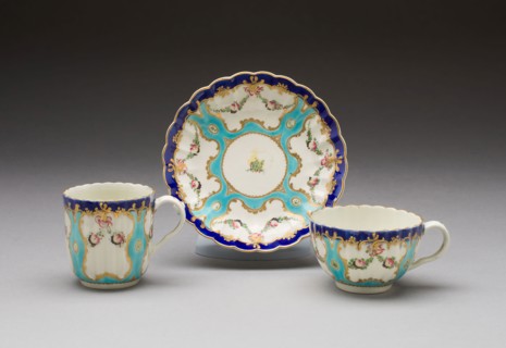 Teacup, Coffee Cup, and Saucer, c. 1775, Worcester Porcelain Factory, Worcester, England, founded