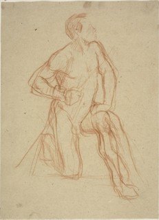 Male Figure Kneeling, c. 1874, Jules-Élie Delaunay, French, 1828-1891, France, Red chalk on buff