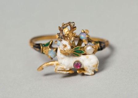 Stag with Herb Branch Mounted as a Ring, 1550/1600, German or French, Germany, Gold, enamel, ruby,