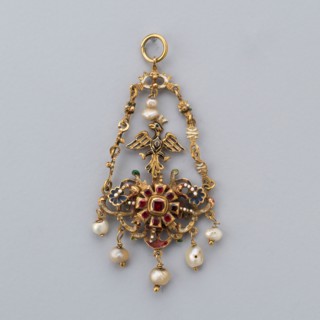 Pendant, 17th century (with 19th–century additions), European, Europe, Enameled gold, ruby, and