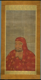 Daruma, c. 1550, Japanese, Japan, Hanging scroll, ink, colors, and gold on silk, 109.2 x 54 cm (43