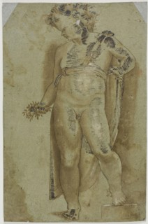 Putto Holding Flowers, n.d., possibly after Pellegrino Tibaldi, Italian, 1527-1596, Italy, Pen and