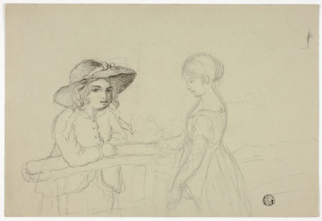 Two Girls at Gate, n.d., Elizabeth Murray, English, c. 1815-1882, England, Black chalk on gray wove