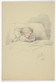 Child Asleep (recto), and Fishermen on Dock (verso), 1847, Elizabeth Murray, English, c. 1815-1882,