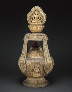 Vase of Longevity (kalasha) with Buddha Amitabha, 17th century, Nepal, Nepal, Gilded copper inlaid