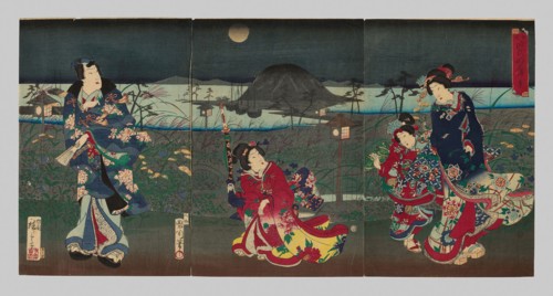 Genji Drawn in Different Styles: View of Akashi Bay (Kakiwake Genji, Akashi ura no kei), 1869,