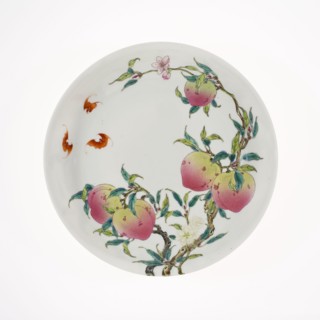 Dish with Fruiting Peaches, Tree Peony, Flowering Plum, and Bats, Qing dynasty (1644–1911),