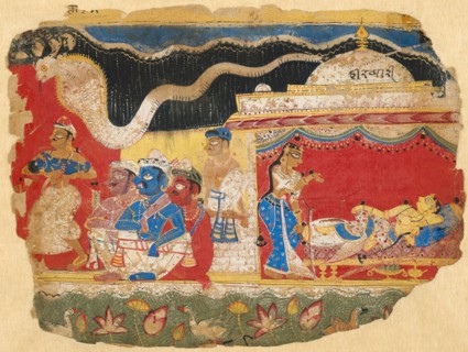 The Infant Krishna Spirited Away by Vasudev, page from the Dispersed Bhagavatapurana manuscript, c.