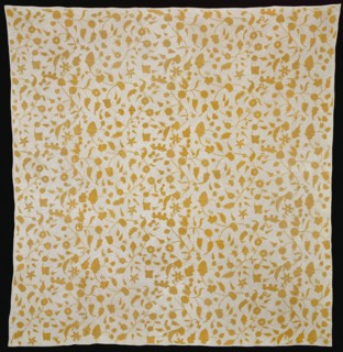 Bedcover, c. 1710, England, Cotton, plain weave, underlaid with linen, plain weave, embroidered