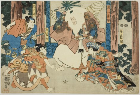 Actors as Ushiwakamaru, Kisanta, Kiichi Hogen, and Minazuru-hime, c. 1847/52, Utagawa Kuniyoshi,