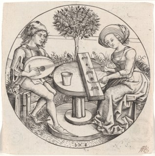 The Music Making Couple, 1470/80, Master bxg, German, active ca. 1470–90, Germany, Round engraving