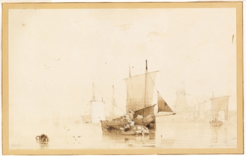 Boats in a Harbor, c. 1824, Richard Parkes Bonington, English, 1802-1828, England, Brush and brown