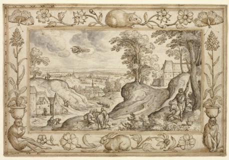 Landscape with the Sacrifice of Isaac within a Decorative Border of Plants and Animals, 1584, Hans