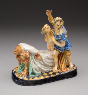 Joseph and Potiphar’s Wife, 1610/70, Italy, Central Italy, Tin-glazed earthenware, 15.6 × 15.9 × 9