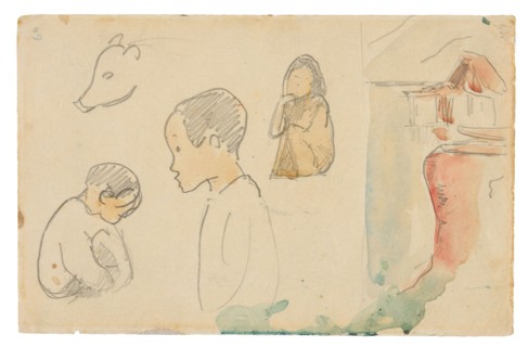 Sketches of Crouching and Standing Figures, a Pig, and a Hut at Water’s Edge, 1891, Paul Gauguin,