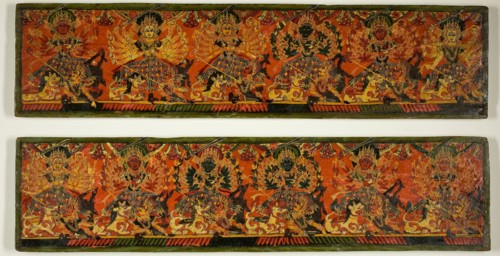 Pair of Manuscript Covers with Twelve Durgas on Snow Lions Slaying the Buffalo Demon