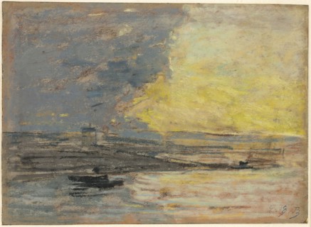 Seaside, Port of Honfleur, c. 1860, Eugène Louis Boudin, French, 1824-1898, France, Pastel on blue