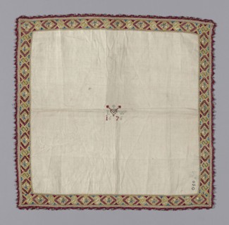 Handkerchief, 1676, Italy, Linen, plain weave, cut and drawn work, embroidered silk and
