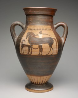Amphora (Storage Jar), about 530/520 BC, Attributed to the Ivy Leaf Group, Etruscan, Etruria,