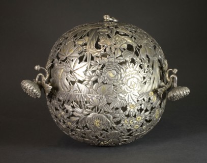 Hanging Incense Burner, 19th century, Japanese, Japan, Silver, gold, silk cords, Diam. 18.5 cm (7