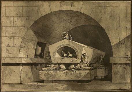 Tomb with Sphinxes and an Owl, 1779–84, Louis Jean Desprez, French, 1743-1804, France, Etching and