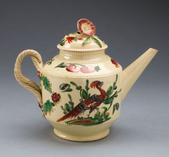Teapot, c. 1770, Leeds, England, Leeds, Lead-glazed earthenware (creamware) and polychrome enamels,
