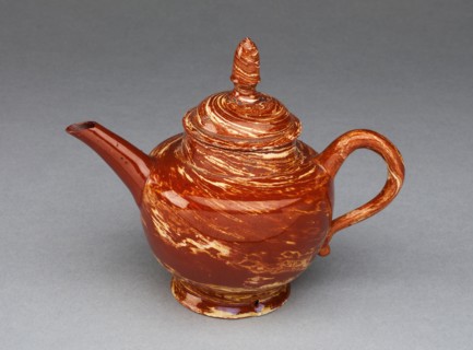 Teapot, c. 1755, Staffordshire, England, Staffordshire, Lead-glazed earthenware (agateware), 10.2 x