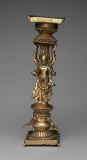 Pillar Support of an Addorsed Female Bodhisattva and an Offering Goddess, 15th century, Tibet,