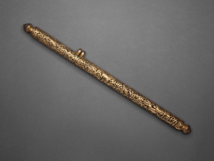 Pen Case with Dragons and Foliate Design, 15th/16th century, Tibet, Derge, Tibet, Gilt iron, 37.5