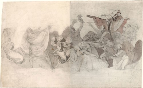Triumph of Death: Three Skeletons Invading a Bacchanal Orchestrated by a Magician or an Evil Demon,
