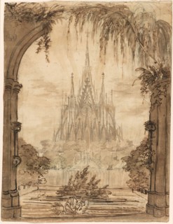 Gothic Cathedral Behind a Pond with Swans, 1810/15, Karl Friedrich Schinkel, German, 1781-1841,