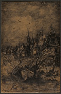 Washed Up Ships, 1864, Rodolphe Bresdin, French, 1825-1885, France, Pen and black ink on brown wove