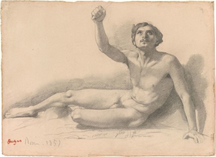 Study of a Male Nude, 1858, Edgar Degas, French, 1834–1917, France, Graphite on pink wove paper